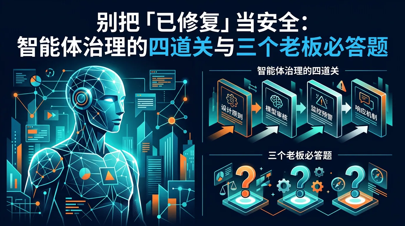 别把「已修复」当安全：智能体治理的四道关与三个老板必答题 示意图