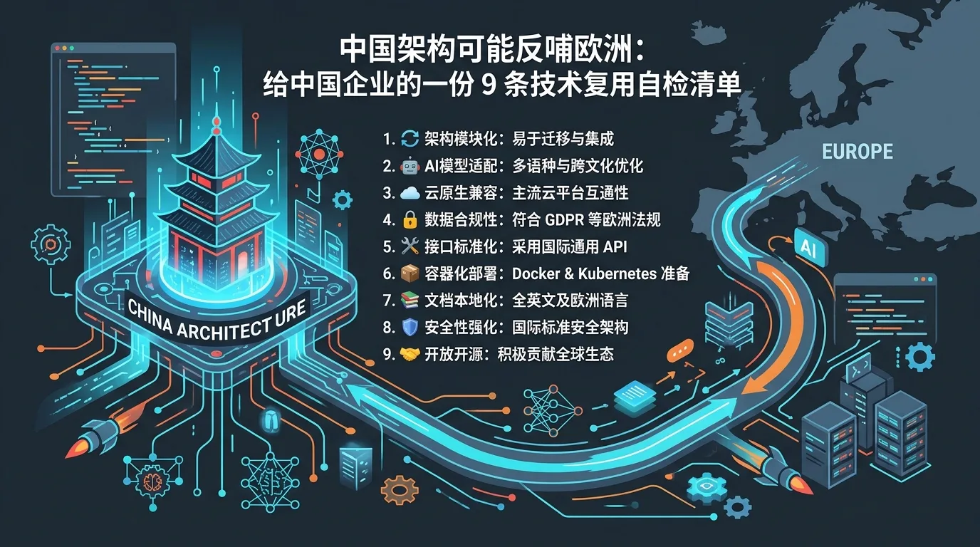 中国架构可能反哺欧洲：给中国企业的一份 9 条技术复用自检清单 示意图
