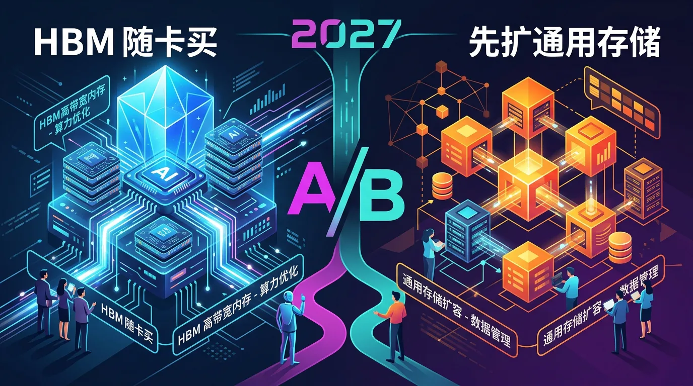 HBM 随卡买，还是先扩通用存储：2027 年存储预算的 A/B 选型 示意图