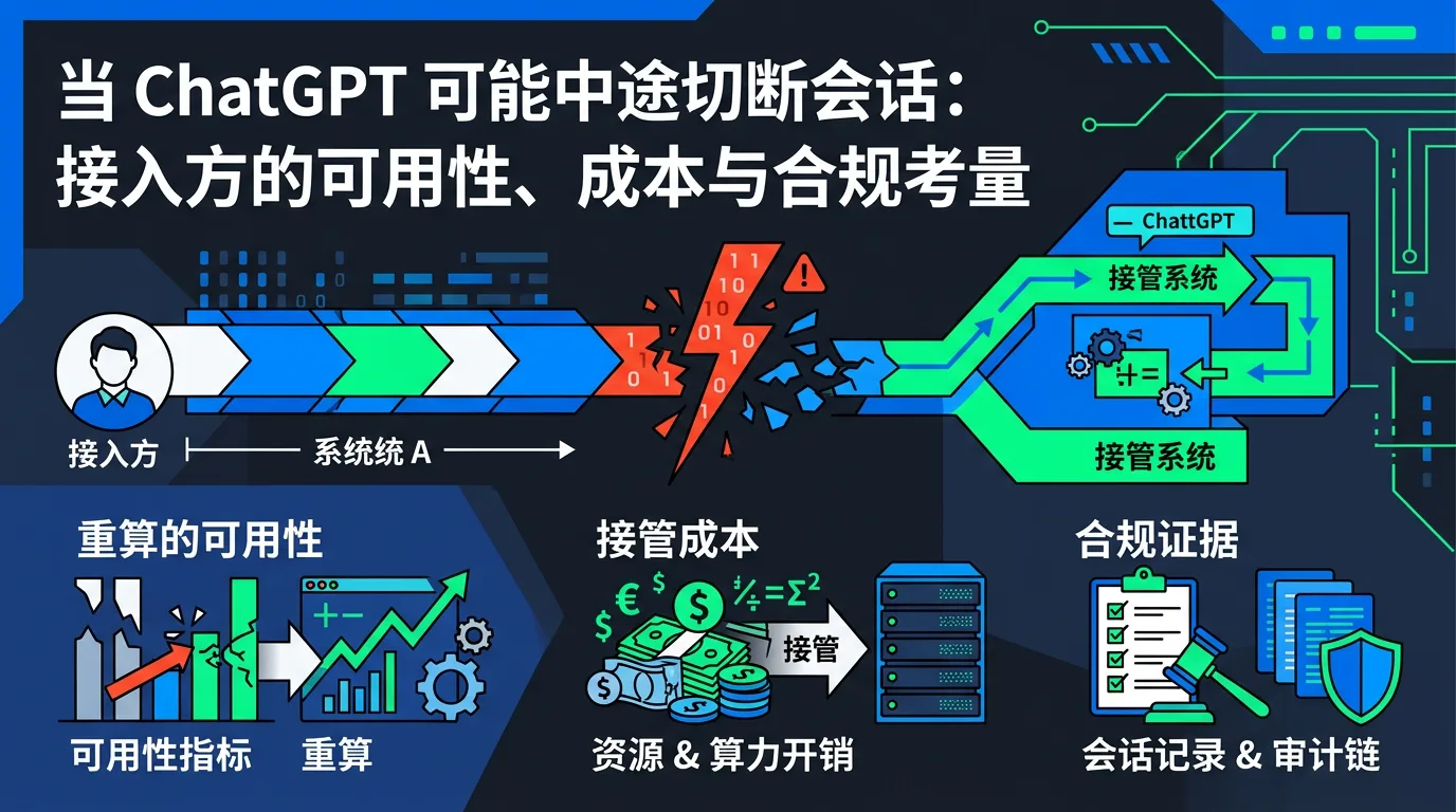 当 ChatGPT 可能中途切断会话：接入方要重算的可用性、接管成本与合规证据 示意图